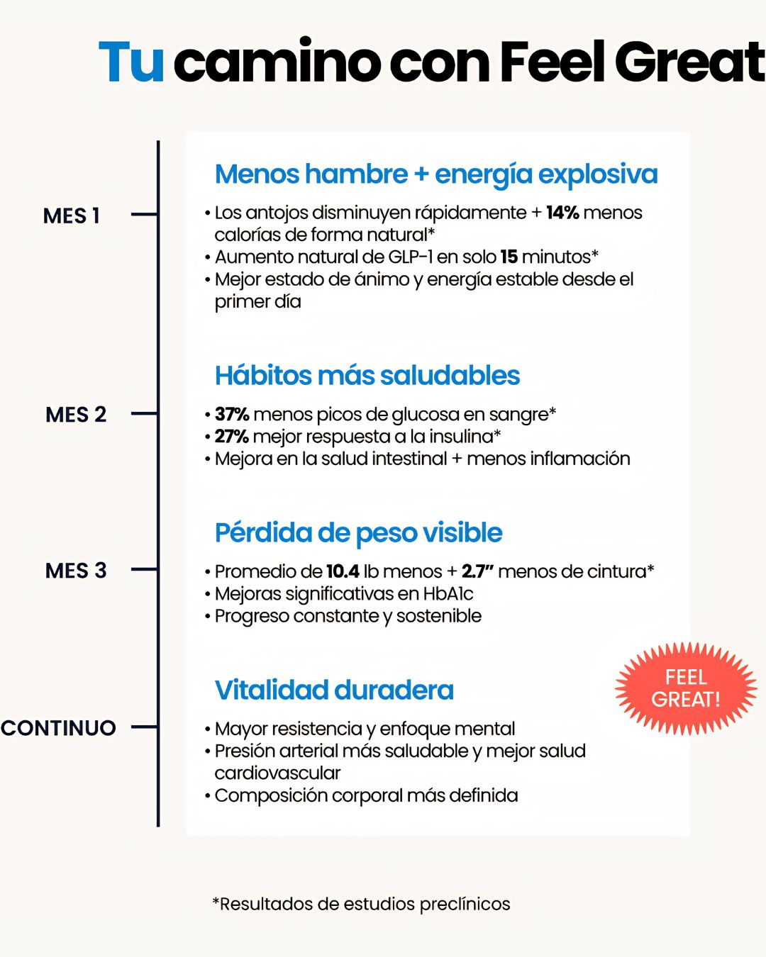 Tu camino con Feel Great: Mes 1 menos hambre, Mes 2 hábitos saludables, Mes 3 pérdida de peso visible, Continuo vitalidad duradera